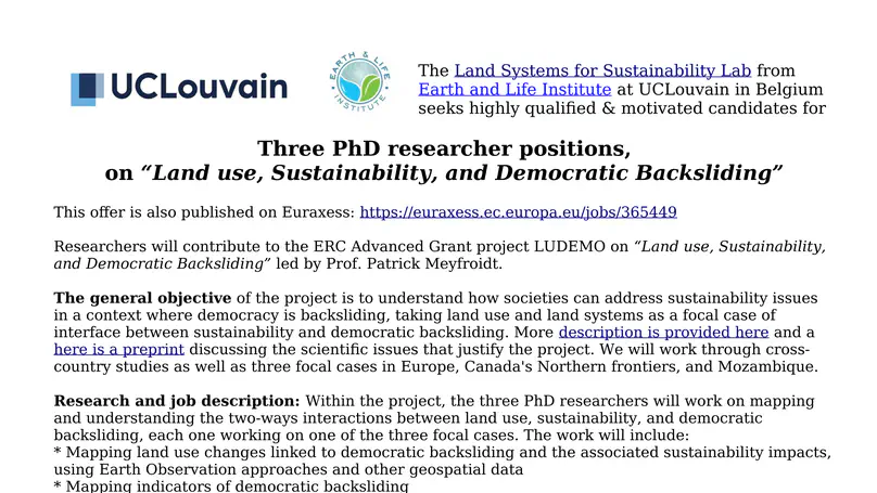 Three PhD researcher positions, on 'Land use, Sustainability, and Democratic Backsliding'