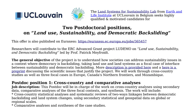 Two Postdoctoral positions, on 'Land use, Sustainability, and Democratic Backsliding'